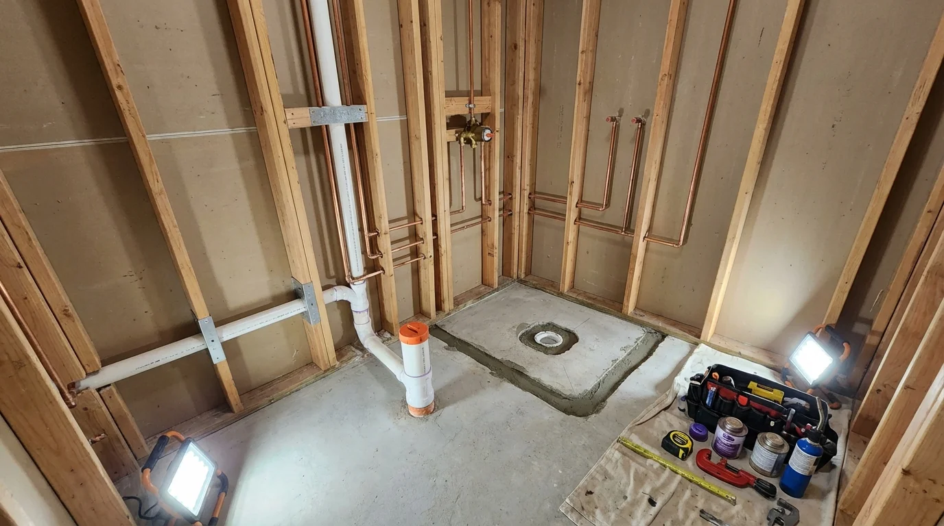 Bathroom rough-in plumbing during remodel by Johns Plumbing LLC in Netcong