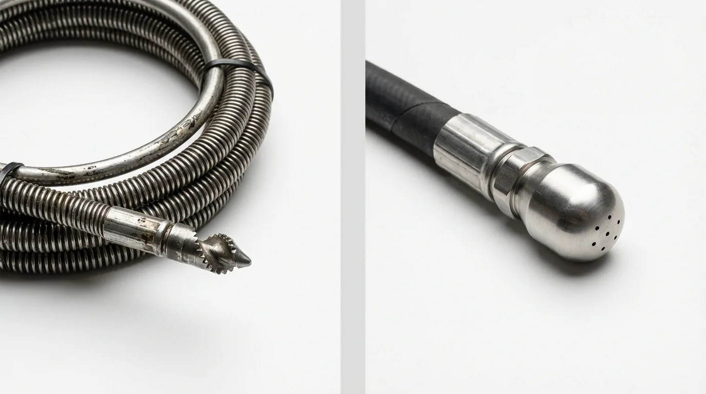 Drain snake cable and hydro jetting nozzle used for drain cleaning in Netcong, NJ