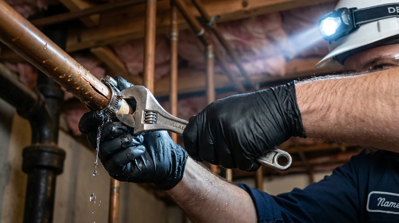 Emergency pipe clamp repair being performed by a Johns Plumbing LLC plumber in Netcong